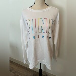 Victoria Secret  PINK Campus Crew SZ M Oversized white w/rainbow logo